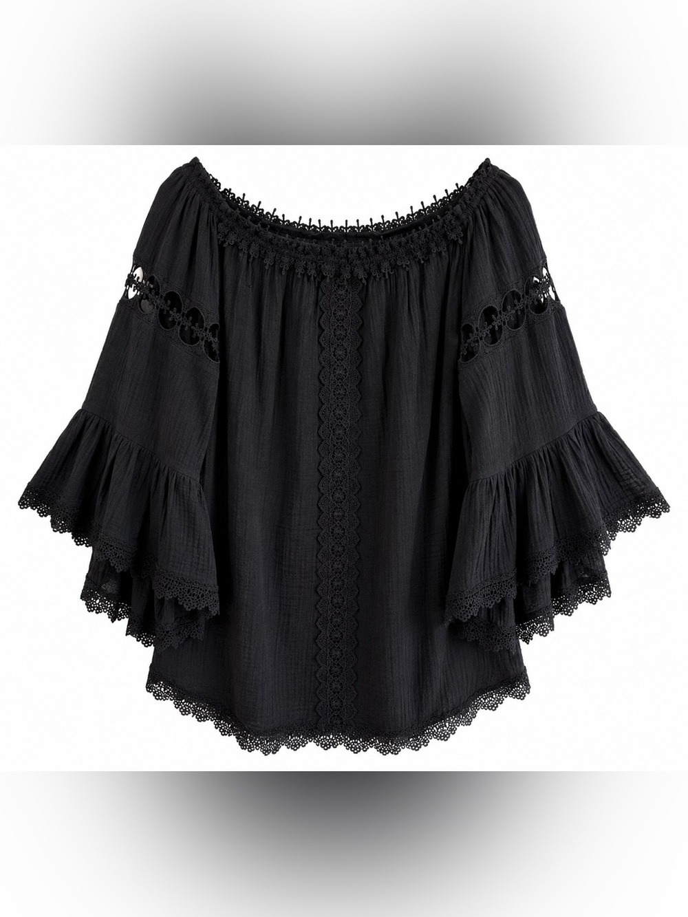 Surf Gypsy NWT Black Boho Crochet Lace Bell Sleeve Blouse Top Medium